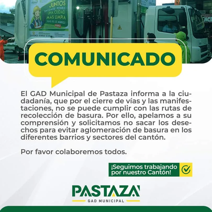 Lee más sobre el artículo Municipio del Cantón Pastaza comunica.