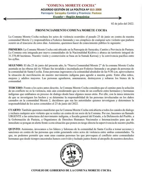 Lee más sobre el artículo Pronunciamiento de Comuna Morete Cocha, rechaza los actos de violentos .