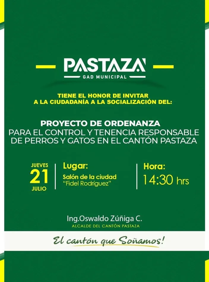 Lee más sobre el artículo Invitación a socialización de ordenanza Municipal del Cantón Pastaza.