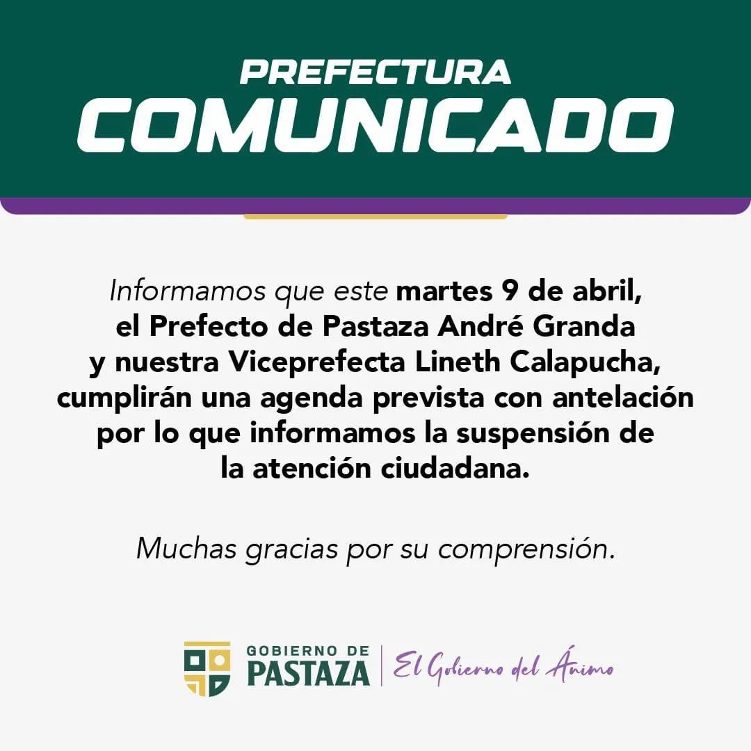 Lee más sobre el artículo Se suspende atención ciudadana en Prefectura de Pastaza
