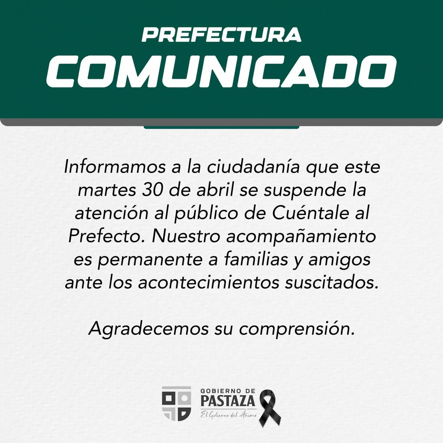 Lee más sobre el artículo Prefectura de Pastaza suspende atención al público este martes 30 de abril.