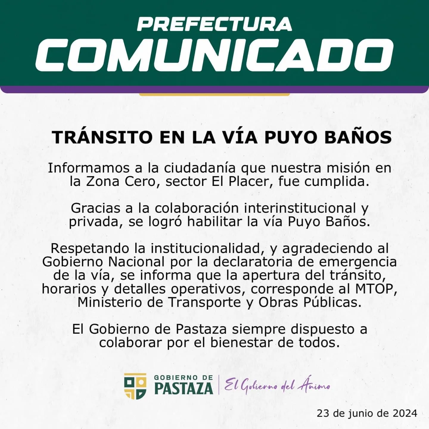 Lee más sobre el artículo Comunicado Prefectura de Pastaza sobre la vía Puyo-Baños.