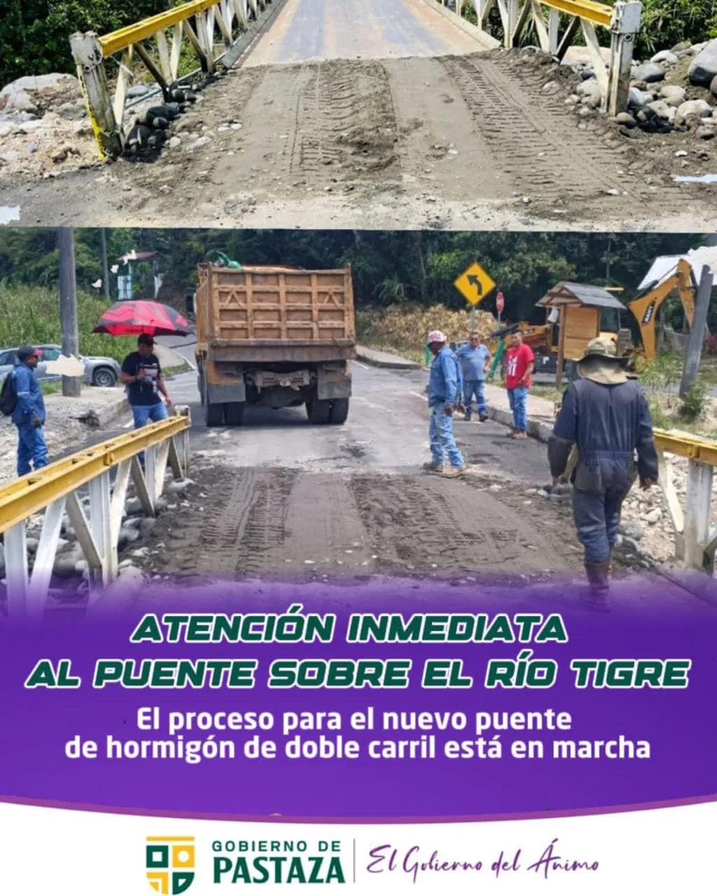 Lee más sobre el artículo El Gobierno de Pastaza informa la atención inmediata al puente sobre río Tigre.