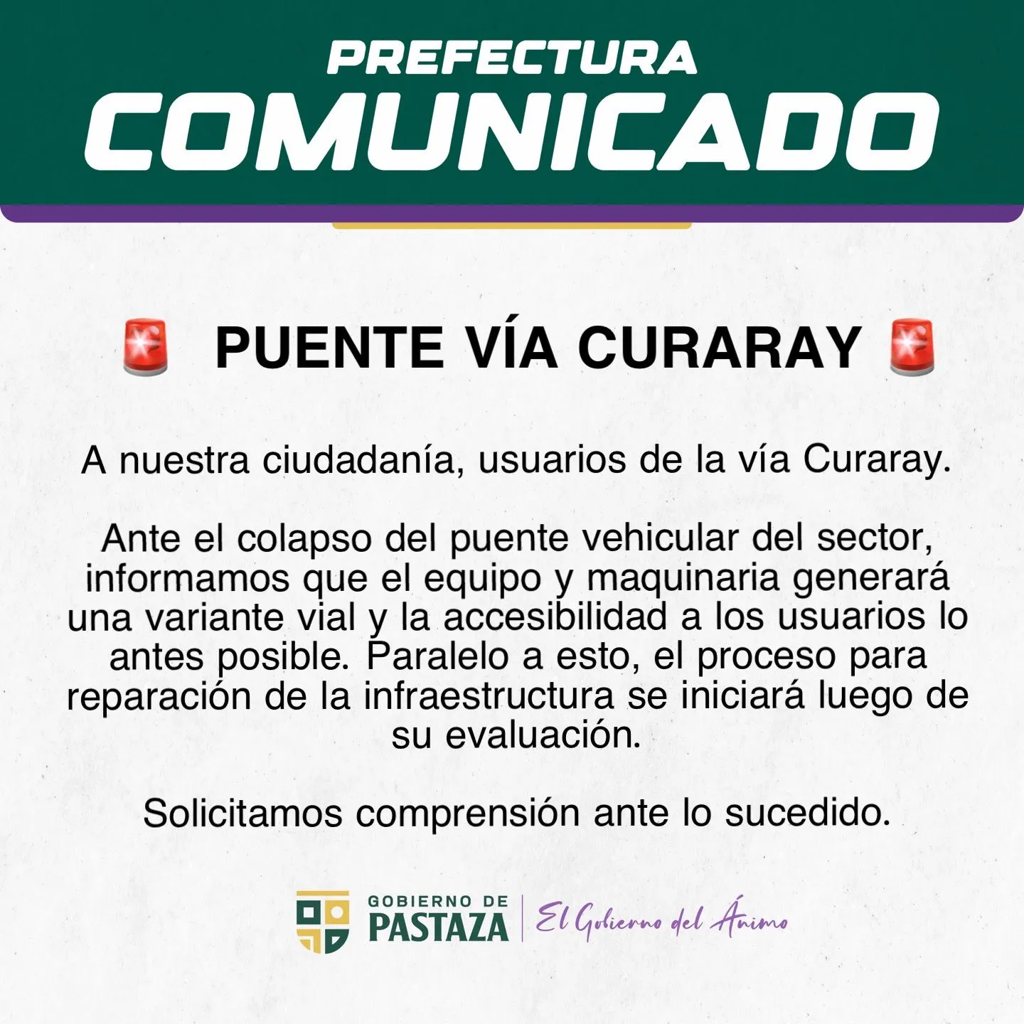 Lee más sobre el artículo Prefectura de Pastaza comunica
