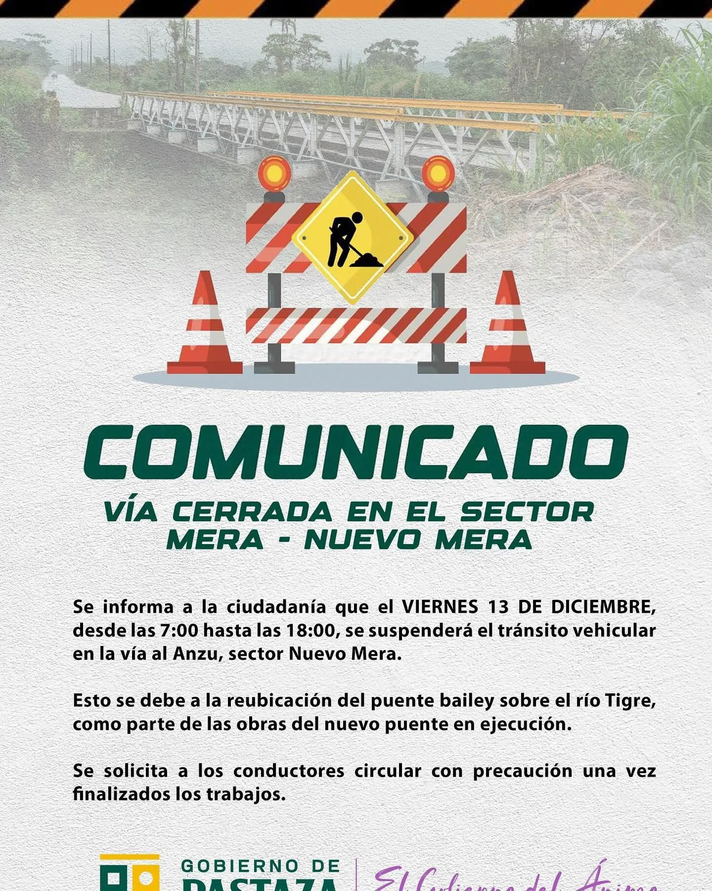 Lee más sobre el artículo Anuncio sobre el cierre de vía hacia nuevo Mera