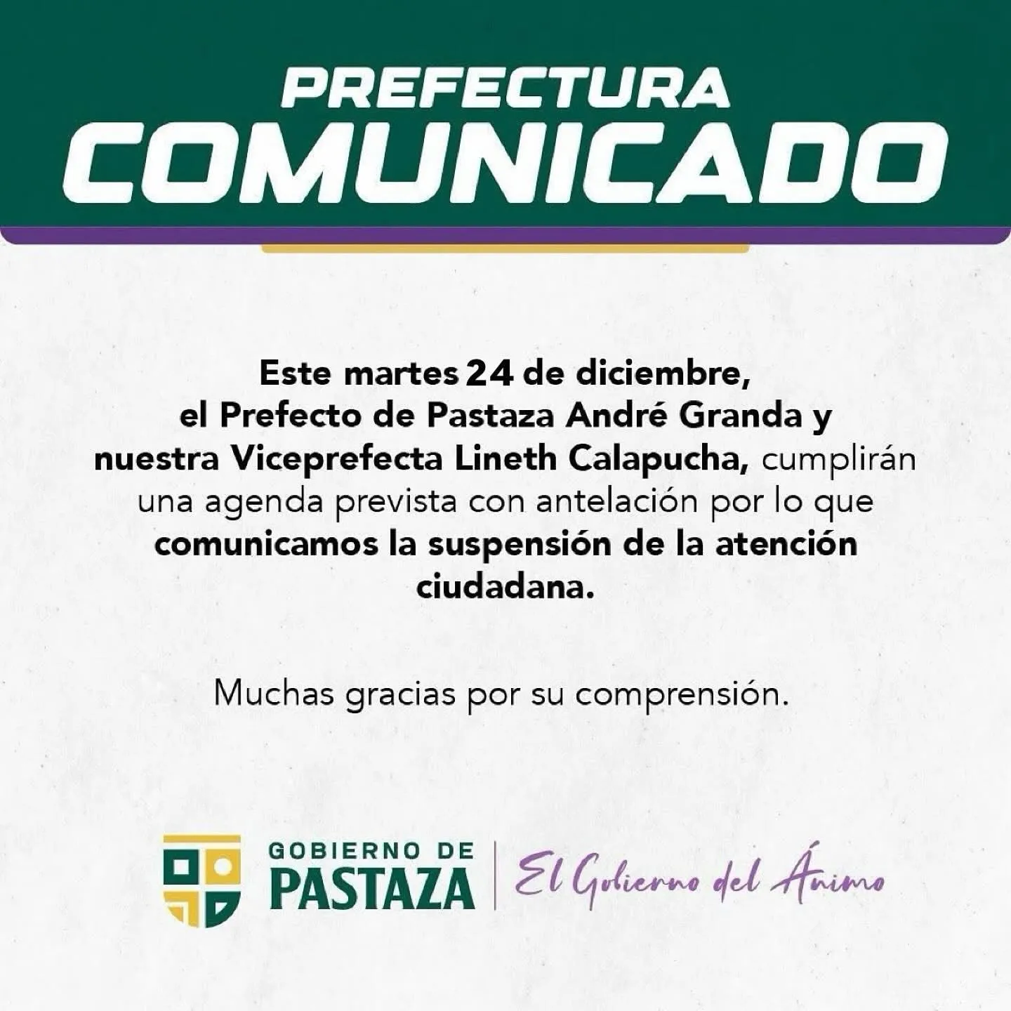 Lee más sobre el artículo Prefectura de Pastaza comunica.