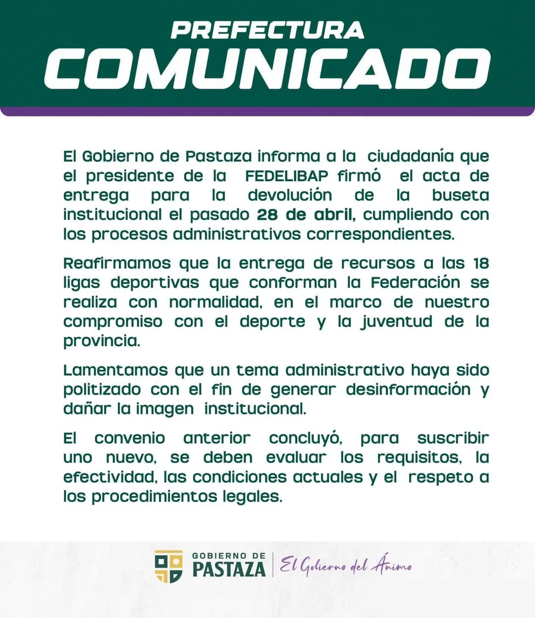 Lee más sobre el artículo El Gobierno de Pastaza sobre convenio con la FEDELIBAP.