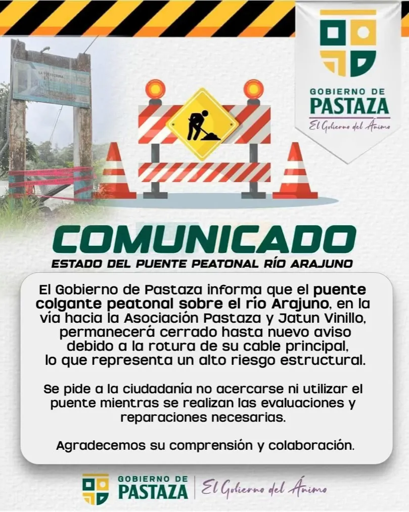 Lee más sobre el artículo Comunicado sobre puente peatonal en Arajuno.